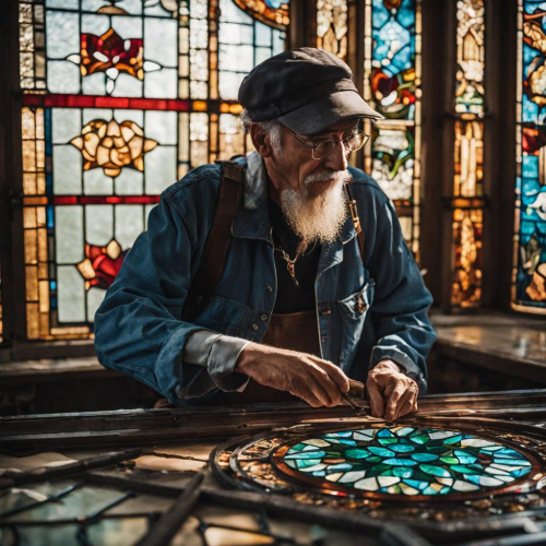 A stained glass artist crafting a masterpiece, eyes illuminating art, portrait, Olympus PEN-F, f/1.8, ISO 400, 1/60 sec, glass artisan, colorful brilliance, --ar 1:1 --v 5.2 --style raw