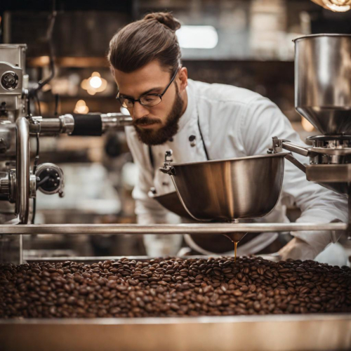 A coffee roaster in a fragrant bean sanctuary, eyes roasting perfection, portrait, Panasonic Lumix S5, f/2.0, ISO 320, 1/125 sec, coffee artisan, roasted aromas, --ar 1:1 --v 5.2 --style raw