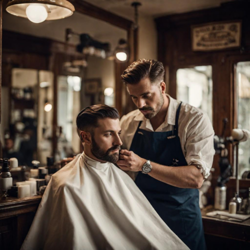A barber giving a classic shave, eyes embodying the art of grooming, portrait, Fujifilm X-Pro3, f/1.8, ISO 400, 1/60 sec, grooming artist, vintage barber shop, --ar 1:1 --v 5.2 --style raw