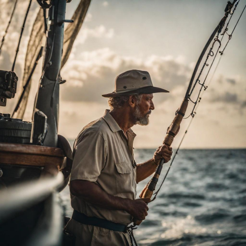 A deep-sea fisherman reeling in a catch, eyes sharing the ocean's secrets, portrait, Nikon Z7 II, f/2.8, ISO 320, 1/250 sec, fishing adventure, marine hues, --ar 1:1 --v 5.2 --style raw