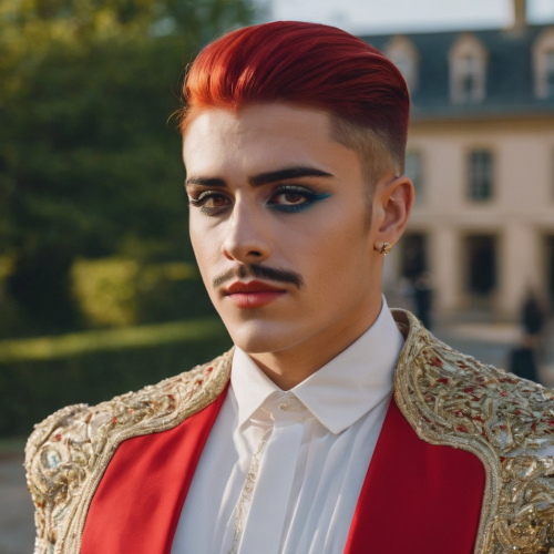 A drag king embracing identity, eyes asserting strength and pride, portrait, Canon EOS R5, f/2.0, ISO 320, 1/125 sec, gender expression, vibrant attire, --ar 1:1 --v 5.2 --style raw