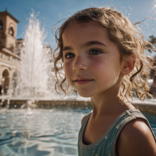 A child playing in a fountain, eyes radiating pure joy, portrait, Olympus OM-D E-M1X, f/1.8, ISO 400, 1/125 sec, childhood happiness, sparkling water, --ar 1:1 --v 5.2 --style raw