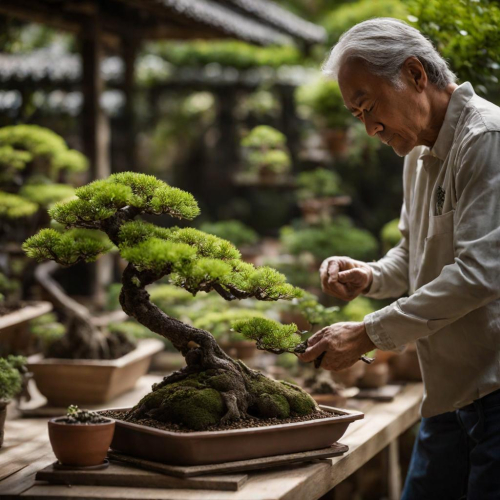 A gardener nurturing bonsai trees, eyes cultivating patience, portrait, Panasonic Lumix S1R, f/2.0, ISO 320, 1/125 sec, bonsai artistry, serene garden, --ar 1:1 --v 5.2 --style raw