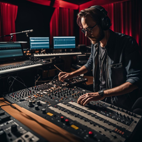 A sound engineer mixing live music, eyes orchestrating sound, portrait, Olympus PEN-F, f/1.8, ISO 400, 1/60 sec, sound artist, studio setup, --ar 1:1 --v 5.2 --style raw