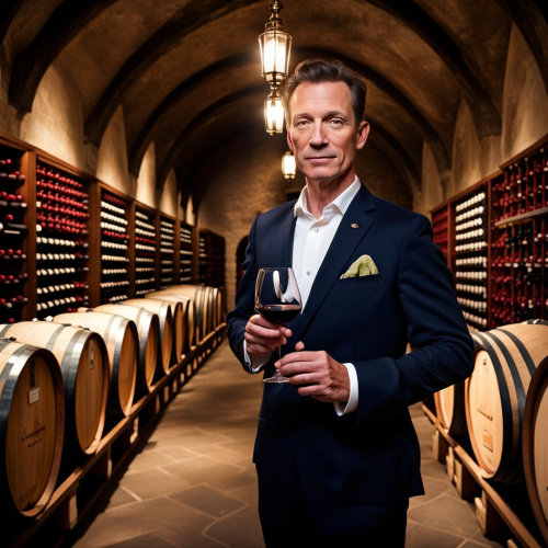 A sommelier in a prestigious wine cellar, eyes tasting history, portrait, Panasonic Lumix S5, f/2.0, ISO 320, 1/125 sec, wine expert, cellar ambiance, --ar 1:1 --v 5.2 --style raw