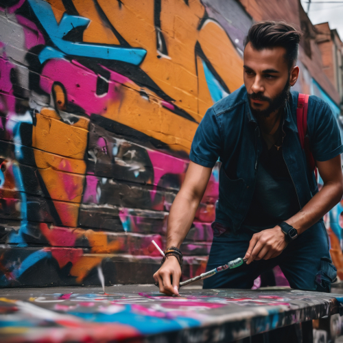 A graffiti artist creating urban masterpieces, eyes expressing street art, portrait, Fujifilm X-Pro3, f/1.8, ISO 400, 1/60 sec, street artist, vibrant graffiti, --ar 1:1 --v 5.2 --style raw