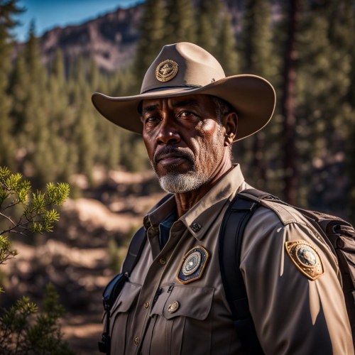 A park ranger in a pristine wilderness, eyes guarding nature's beauty, portrait, Nikon Z7 II, f/2.0, ISO 320, 1/125 sec, ranger's vigilance, untouched landscape, --ar 1:1 --v 5.2 --style raw