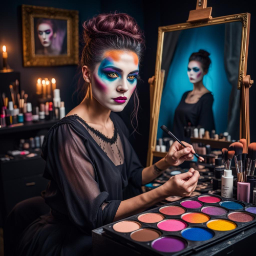 A makeup artist crafting theatrical looks, eyes painting transformation, portrait, Leica SL2, f/1.8, ISO 400, 1/60 sec, makeup magician, vibrant colors, --ar 1:1 --v 5.2 --style raw
