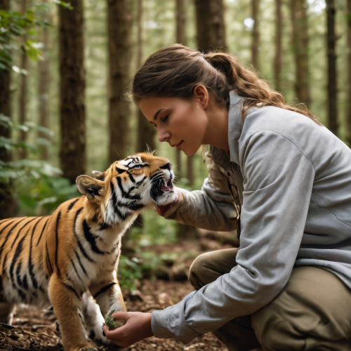 A wildlife rehabilitator releasing a rehabilitated animal, eyes granting freedom, portrait, Panasonic Lumix S1R, f/2.0, ISO 320, 1/125 sec, wildlife savior, natural habitat, --ar 1:1 --v 5.2 --style raw