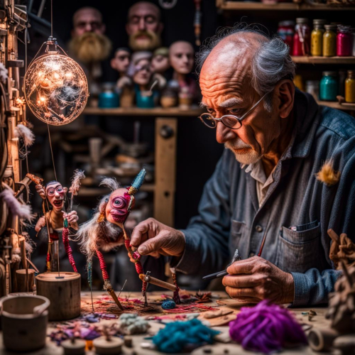 A puppet maker creating fantastical characters, eyes sparking imagination, portrait, Fujifilm X-T4, f/2.0, ISO 320, 1/125 sec, puppeteer, whimsical creations, --ar 1:1 --v 5.2 --style raw