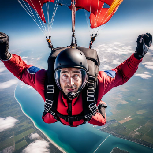 A skydiver soaring through the skies, eyes embracing freedom, portrait, Sony Alpha A7R IV, f/2.8, ISO 400, 1/125 sec, fearless skydiver, boundless skies, --ar 1:1 --v 5.2 --style raw