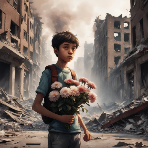 a boy stands amidst a city destroyed , holding a delicate bouquet of flowers. The scene is characterized by ruined streets and buildings, with smoke and debris in the air. The boy's expression reflects sadness and despair, yet the presence of the flowers symbolizes hope and humanity amid the devastation, conveying a compelling narrative of resilience and optimism in the face of adversity