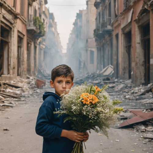 a boy stands amidst a city destroyed , holding a delicate bouquet of flowers. The scene is characterized by ruined streets and buildings, with smoke and debris in the air. The boy's expression reflects sadness and despair, yet the presence of the flowers symbolizes hope and humanity amid the devastation, conveying a compelling narrative of resilience and optimism in the face of adversity