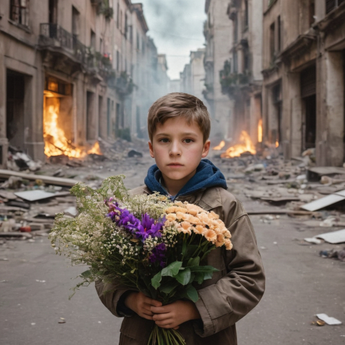 a boy stands amidst a city destroyed , holding a delicate bouquet of flowers. The scene is characterized by ruined streets and buildings, with smoke and debris in the air. The boy's expression reflects sadness and despair, yet the presence of the flowers symbolizes hope and humanity amid the devastation, conveying a compelling narrative of resilience and optimism in the face of adversity