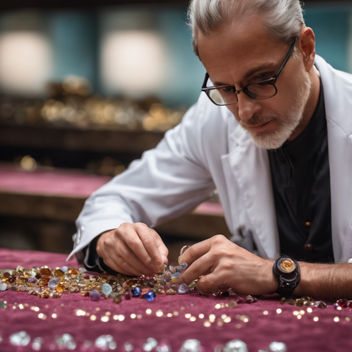 A gemologist inspecting precious stones, eyes revealing brilliance, portrait, Nikon D850, f/1.8, ISO 320, 1/160 sec, gem expert, sparkling gems, --ar 1:1 --v 5.2 --style raw