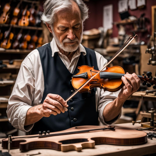 A luthier handcrafting a violin, eyes tuning the soul of music, portrait, Canon EOS R5, f/2.0, ISO 320, 1/125 sec, violin artisan, melodious precision, --ar 1:1 --v 5.2 --style raw