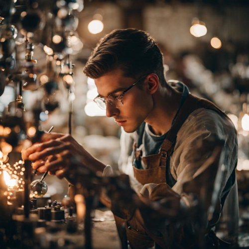 A glassblower creating delicate ornaments, eyes shaping fragility, portrait, Olympus PEN-F, f/1.8, ISO 400, 1/60 sec, glass artisan, exquisite fragility, --ar 1:1 --v 5.2 --style raw