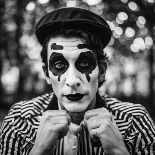 A mime artist performing silent stories, eyes conveying emotion without words, portrait, Canon EOS R5, f/2.0, ISO 320, 1/125 sec, mime artistry, monochrome drama, --ar 1:1 --v 5.2 --style raw
