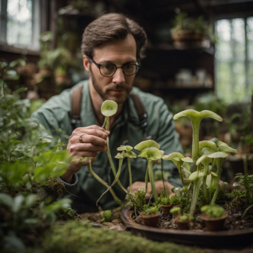 A botanist studying carnivorous plants, eyes revealing nature's quirks, portrait, Leica M10-R, f/2.8, ISO 400, 1/125 sec, plant researcher, exotic specimens, --ar 1:1 --v 5.2 --style raw