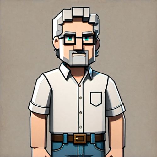 a 56-year-old man with arms crossed, wearing a white shirt, jeans, and a goatee. He has short, curly hair, detailed eyes and lips, with a serious expression, pixar style.