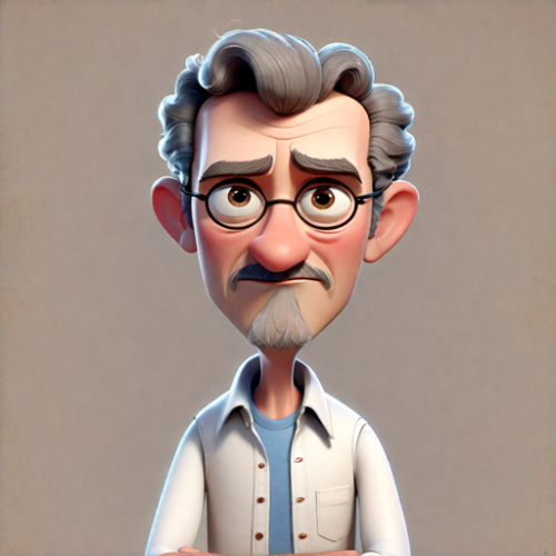 a 56-year-old man with arms crossed, wearing a white shirt, jeans, and a goatee. He has short, curly hair, detailed eyes and lips, with a serious expression, pixar style.