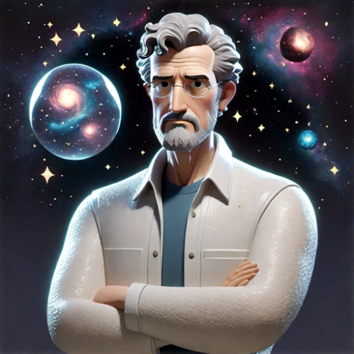 a 56-year-old man with arms crossed, wearing a white shirt, jeans, and a goatee. He has short, curly hair, detailed eyes and lips, with a serious expression, pixar style.