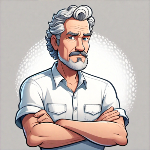 a 56-year-old man with arms crossed, wearing a white shirt, jeans, and a goatee. He has short, curly hair, detailed eyes and lips, with a serious expression, pixar style.