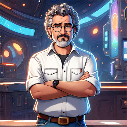 a 56-year-old man with arms crossed, wearing a white shirt, jeans, and a goatee. He has short, curly hair, detailed eyes and lips, with a serious expression, pixar style.