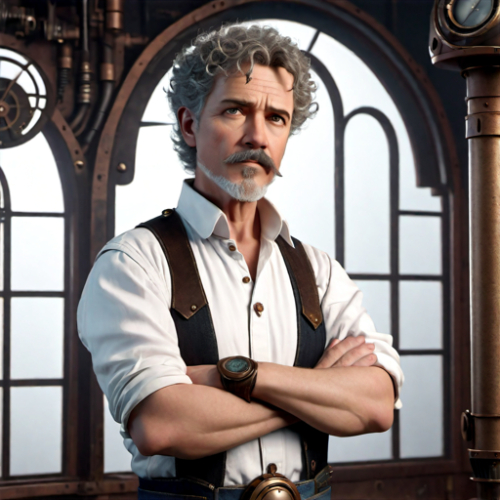 a 56-year-old man with arms crossed, wearing a white shirt, jeans, and a goatee. He has short, curly hair, detailed eyes and lips, with a serious expression, pixar style.