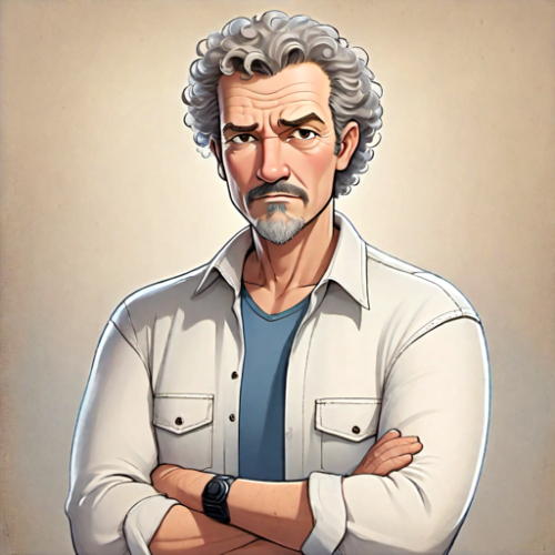 a 56-year-old man with arms crossed, wearing a white shirt, jeans, and a goatee. He has short, curly hair, detailed eyes and lips, with a serious expression, pixar style.