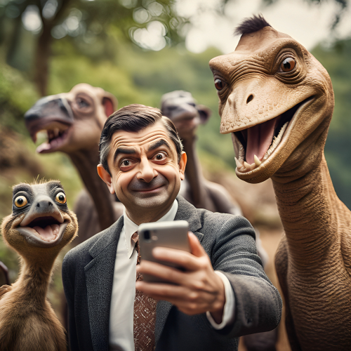Mr. Bean taking selfie with his prehistoric friends