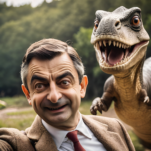 Mr. Bean taking selfie with his prehistoric friends