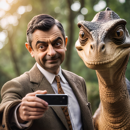 Mr. Bean taking selfie with his prehistoric friends