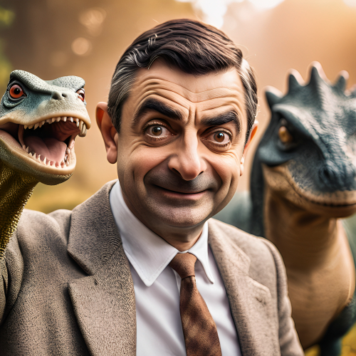 Mr. Bean taking selfie with his prehistoric friends