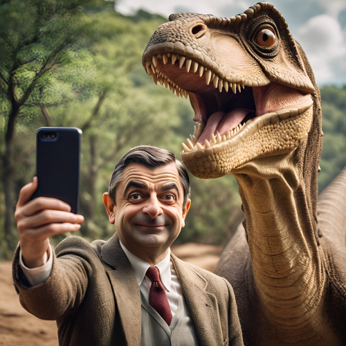 Mr. Bean taking selfie with his prehistoric friends