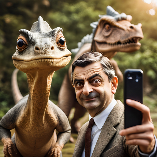 Mr. Bean taking selfie with his prehistoric friends