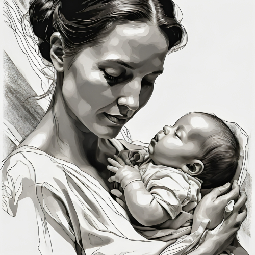 prompt:Illustrate a lifelike portrait of a mother holding her newborn child, capturing the profound love and vulnerability --ar 16:9 --v 5.2 --style raw