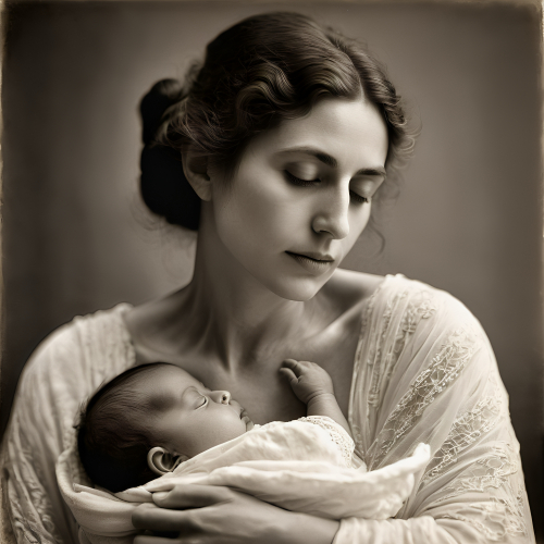 prompt:Illustrate a lifelike portrait of a mother holding her newborn child, capturing the profound love and vulnerability --ar 16:9 --v 5.2 --style raw