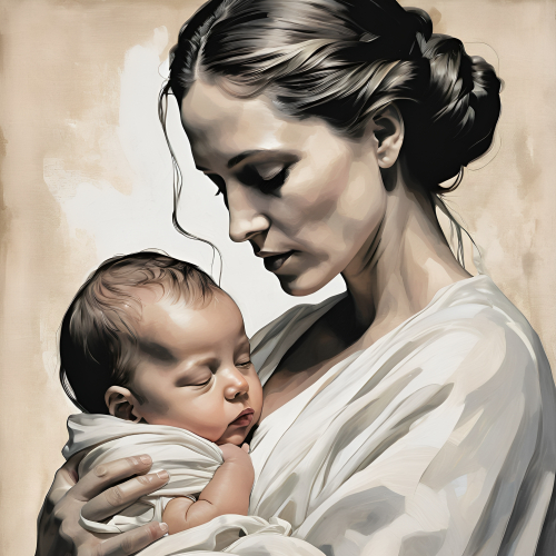 prompt:Illustrate a lifelike portrait of a mother holding her newborn child, capturing the profound love and vulnerability --ar 16:9 --v 5.2 --style raw