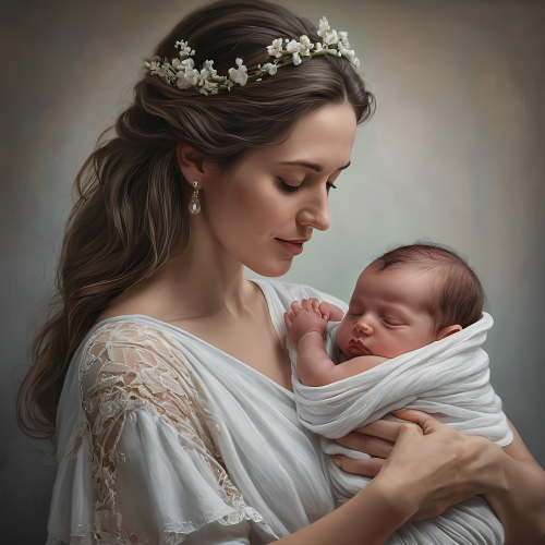 prompt:Illustrate a lifelike portrait of a mother holding her newborn child, capturing the profound love and vulnerability --ar 16:9 --v 5.2 --style raw