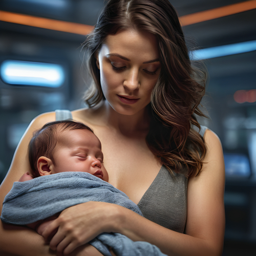 prompt:Illustrate a lifelike portrait of a mother holding her newborn child, capturing the profound love and vulnerability --ar 16:9 --v 5.2 --style raw