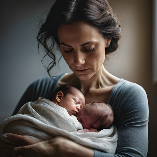 prompt:Illustrate a lifelike portrait of a mother holding her newborn child, capturing the profound love and vulnerability --ar 16:9 --v 5.2 --style raw