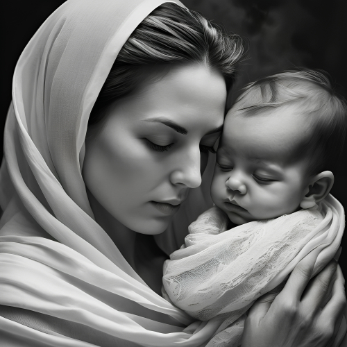 prompt:Illustrate a lifelike portrait of a mother holding her newborn child, capturing the profound love and vulnerability --ar 16:9 --v 5.2 --style raw