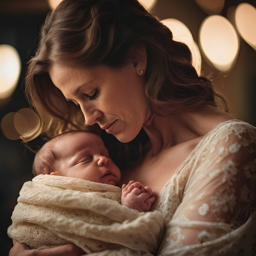 prompt:Illustrate a lifelike portrait of a mother holding her newborn child, capturing the profound love and vulnerability --ar 16:9 --v 5.2 --style raw