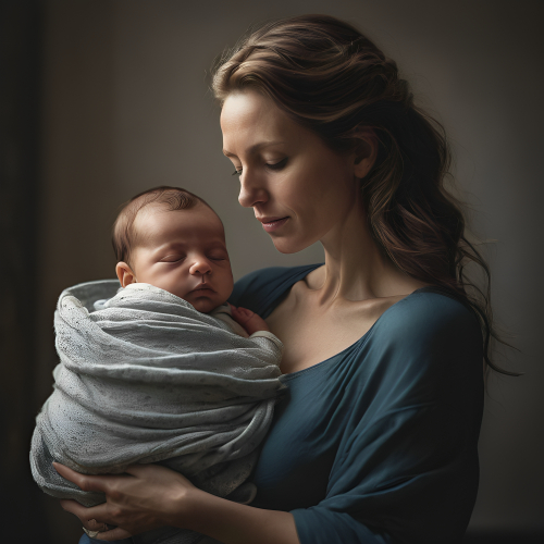 prompt:Illustrate a lifelike portrait of a mother holding her newborn child, capturing the profound love and vulnerability --ar 16:9 --v 5.2 --style raw