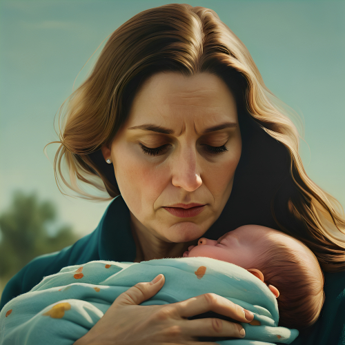 prompt:Illustrate a lifelike portrait of a mother holding her newborn child, capturing the profound love and vulnerability --ar 16:9 --v 5.2 --style raw