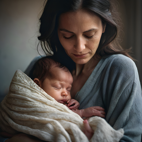 prompt:Illustrate a lifelike portrait of a mother holding her newborn child, capturing the profound love and vulnerability --ar 16:9 --v 5.2 --style raw