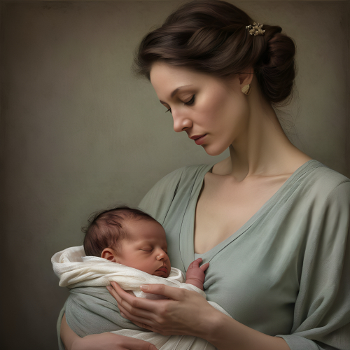 prompt:Illustrate a lifelike portrait of a mother holding her newborn child, capturing the profound love and vulnerability --ar 16:9 --v 5.2 --style raw