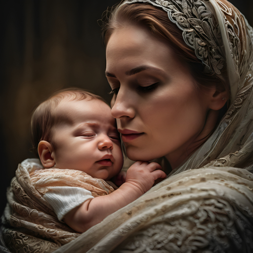 prompt:Illustrate a lifelike portrait of a mother holding her newborn child, capturing the profound love and vulnerability --ar 16:9 --v 5.2 --style raw