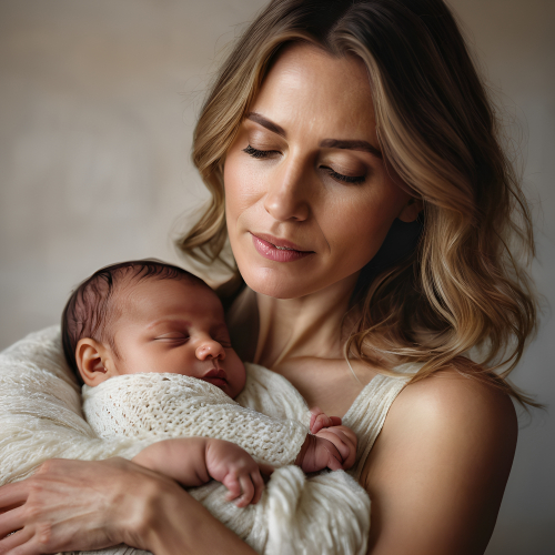 prompt:Illustrate a lifelike portrait of a mother holding her newborn child, capturing the profound love and vulnerability --ar 16:9 --v 5.2 --style raw